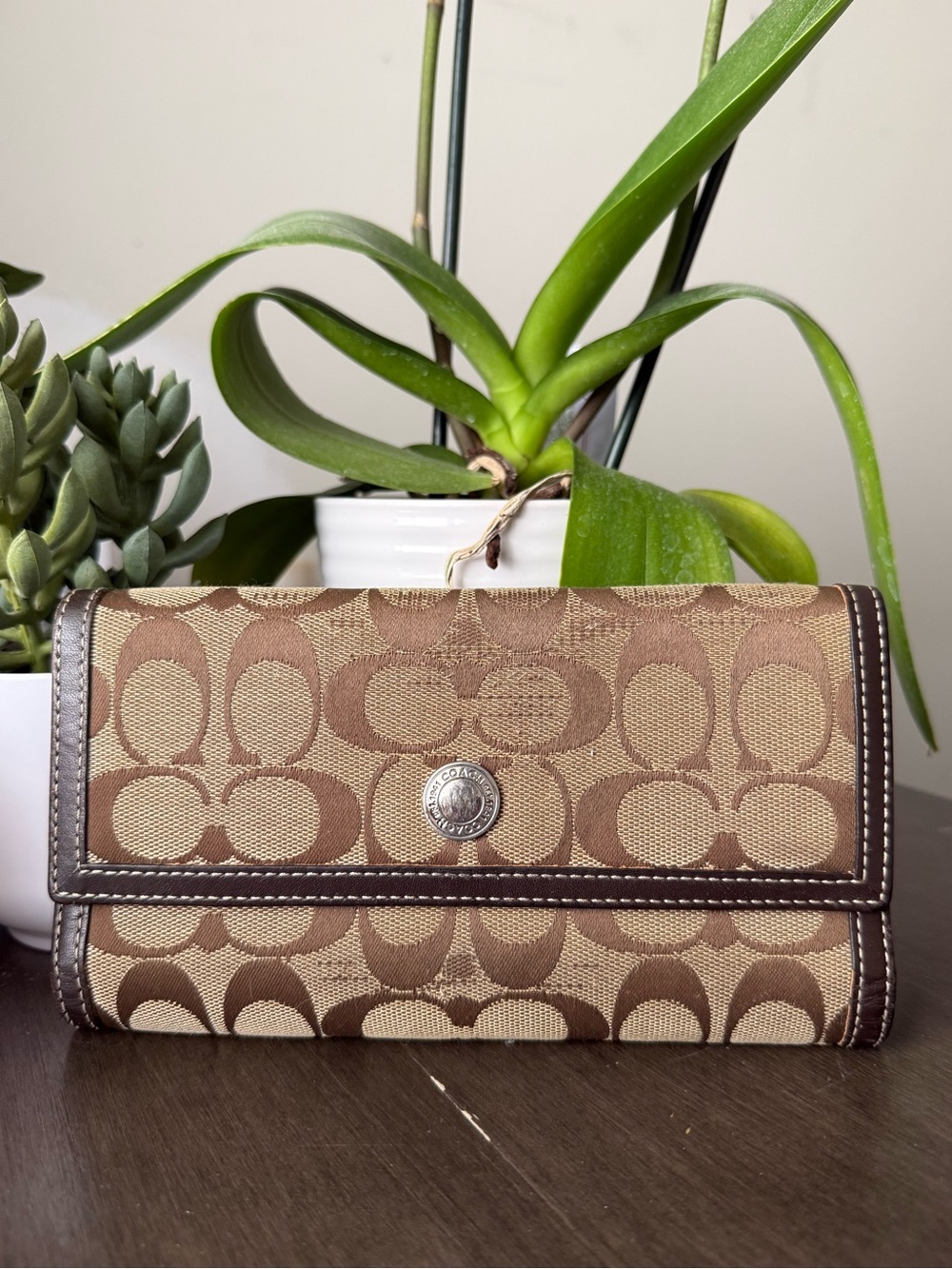 Vintage Coach Tan and Brown Signature Canvas Continental Wallet